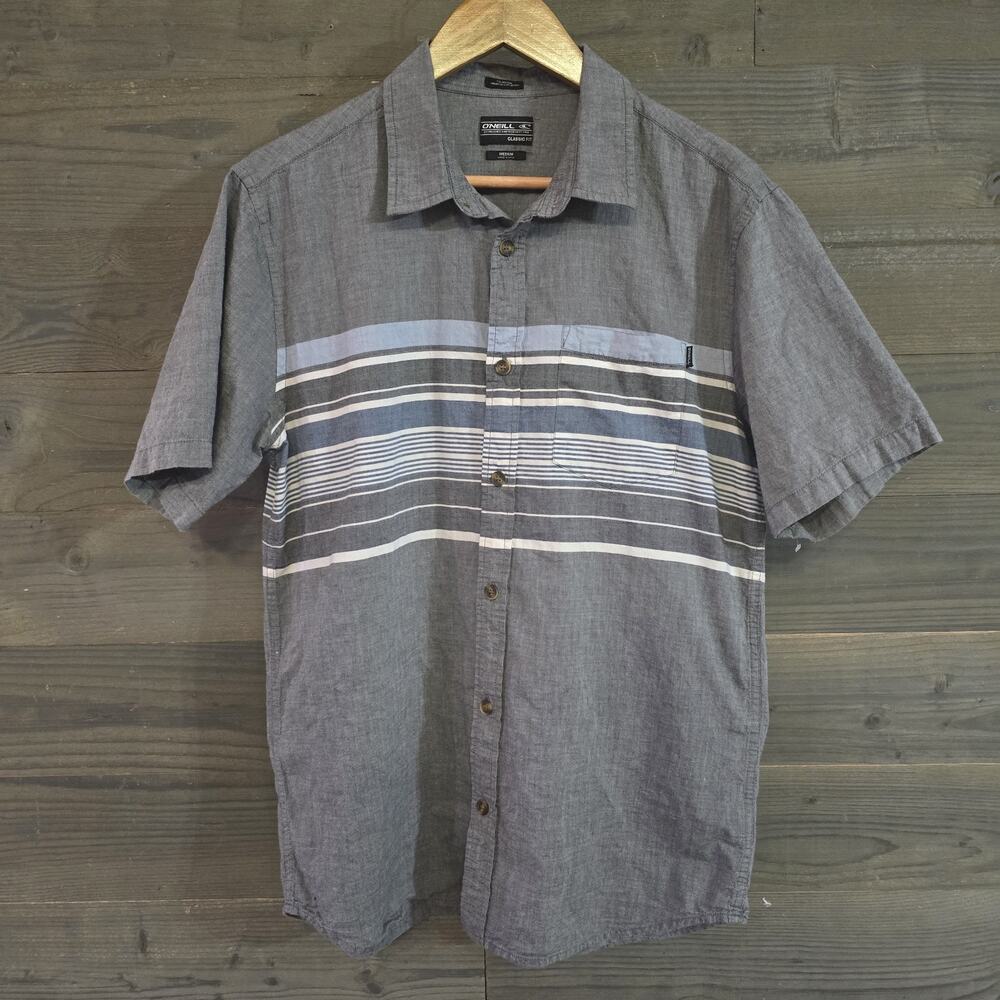 O'Neill Classic Fit Button Up Shirt Mens Medium Gray Striped Short Sleeve Casual